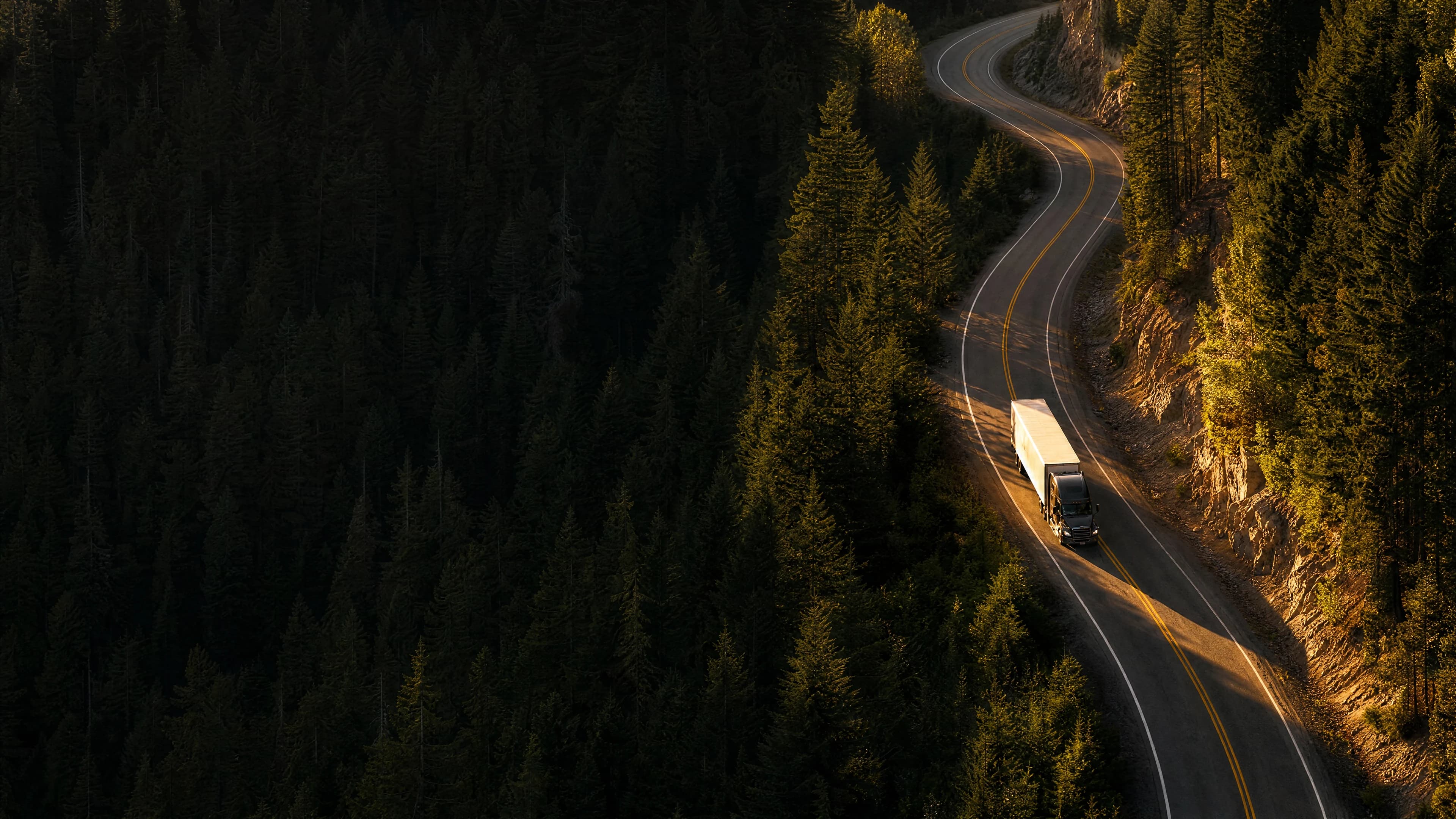 Aerial view of a freight truck on a winding road through evergreen forest
